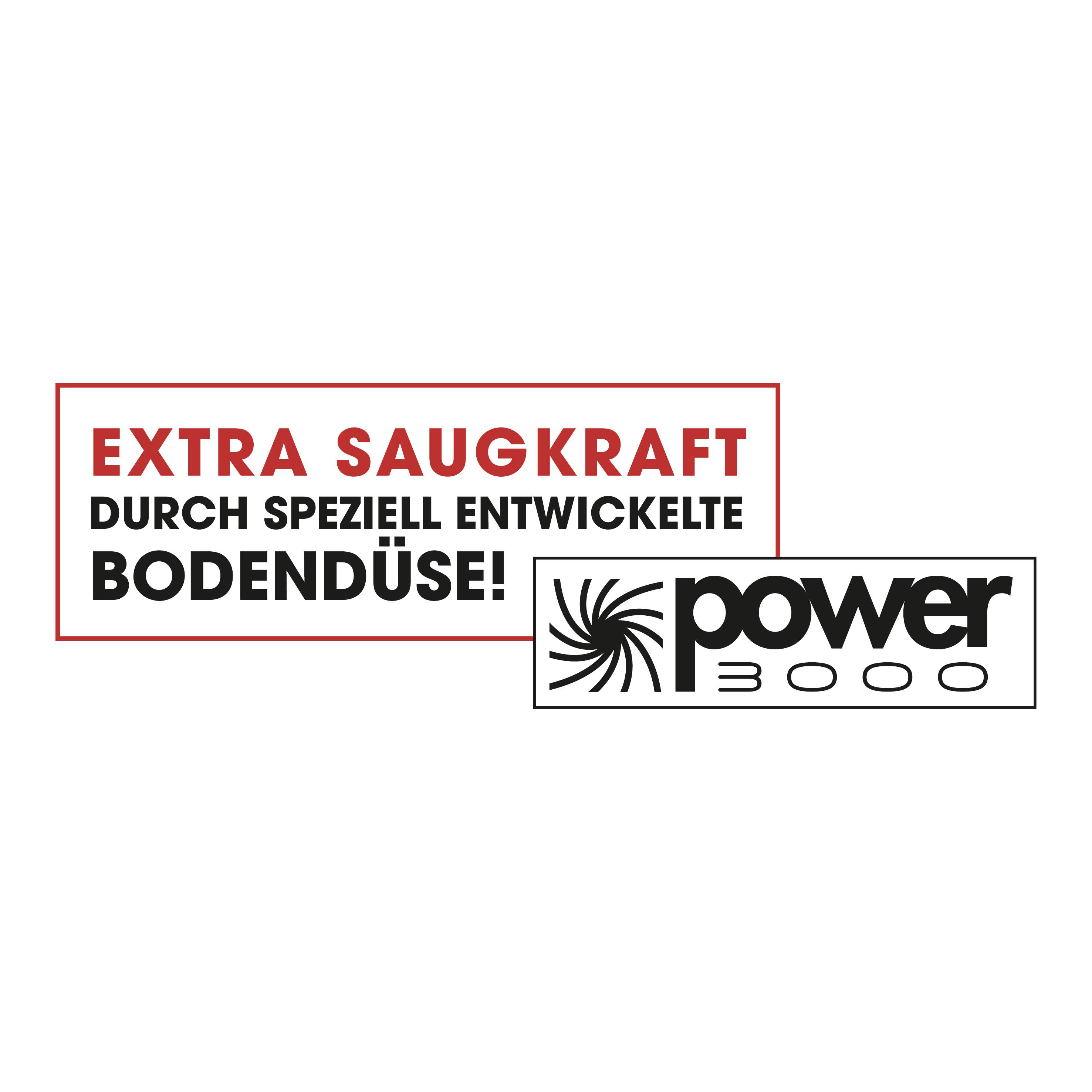 'Extra Saugkraft durch speziell entwickelte Bodendüse!' ist in roten und schwarzen Großbuchstaben hervorgehoben, daneben das Logo 'power 3000'.