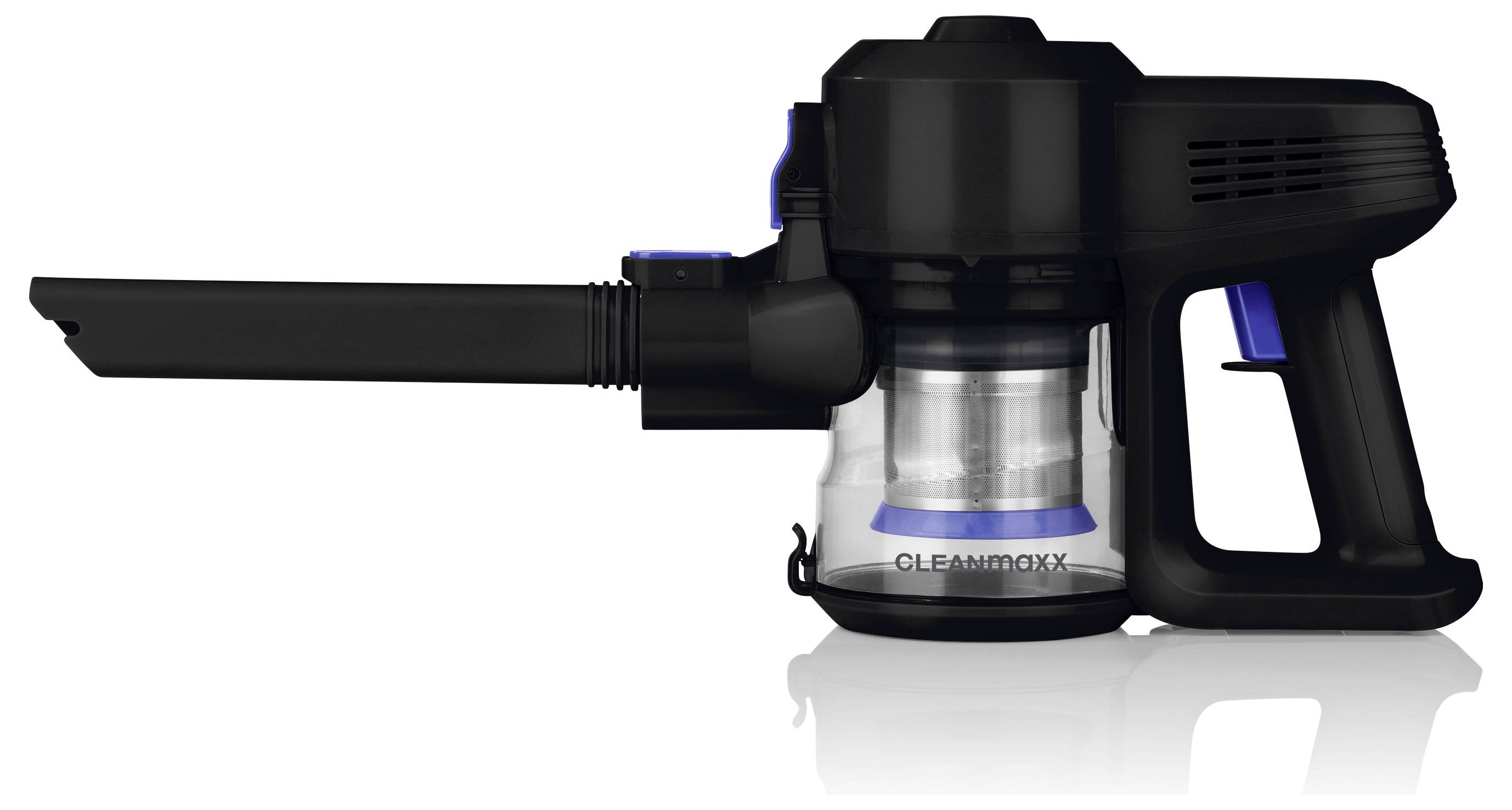 Handstaubsauger mit transparentem Staubbehälter und schlanker Düse, entwickelt für die Reinigung kleiner Räume und Oberflächen.