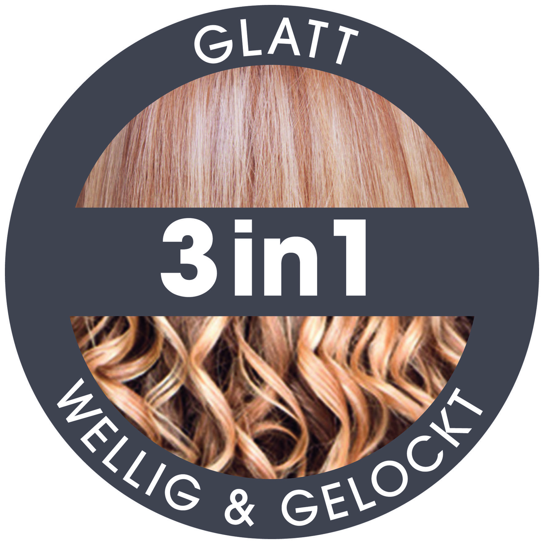Logo zeigt beige, glatte und gewellte, gelockte Haare mit Text 'Glatt 3in1 Wellig & Gelockt'.