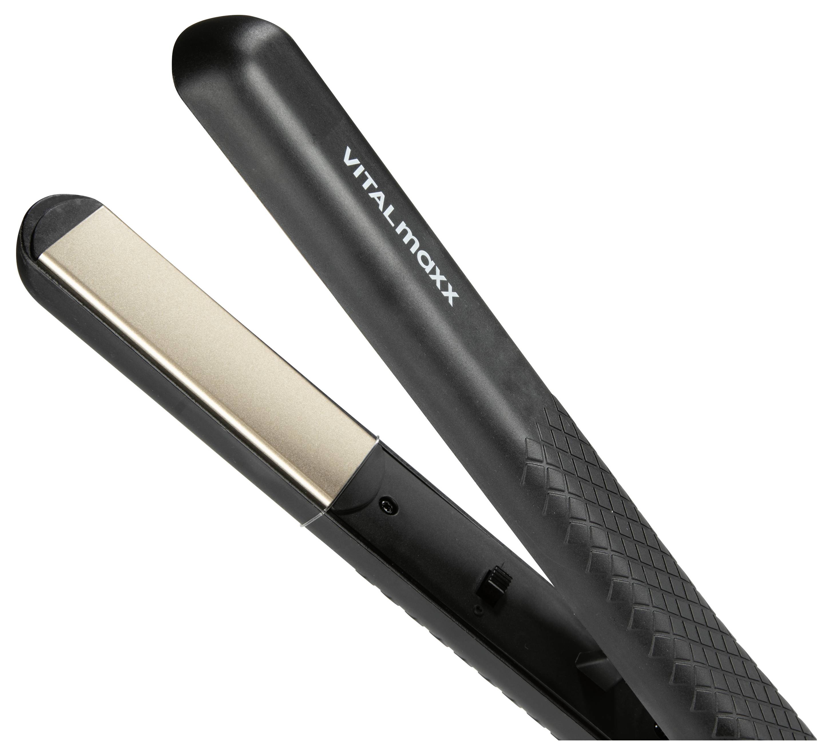 'VITALmaxx' Haarglätter mit Keramikplatten, schwarzer Griff und strukturierter Griffoberfläche, schräge Ansicht von oben, die die flachen Oberflächen zeigt.