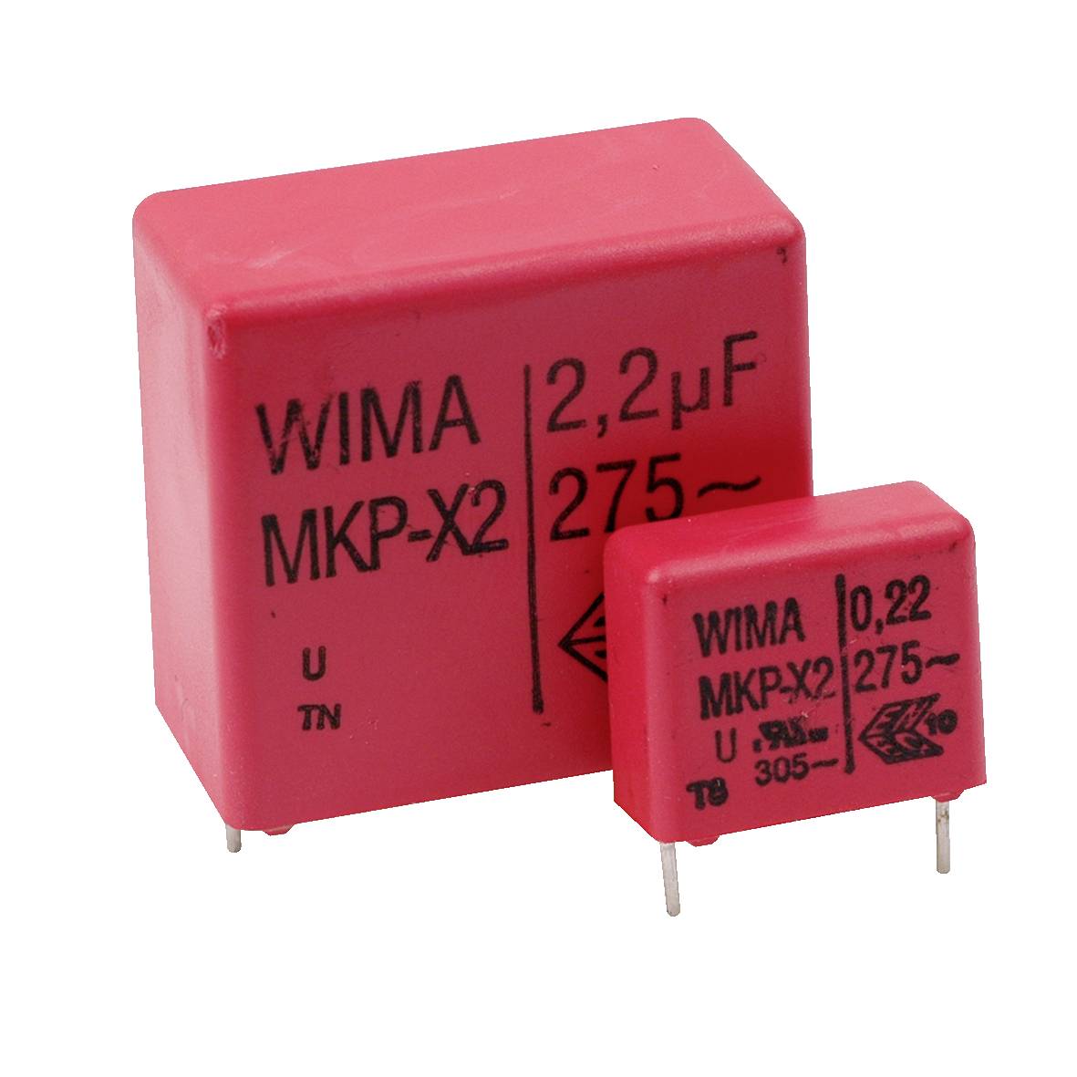 Zwei rote WIMA MKP-X2 Kondensatoren, gekennzeichnet mit '2,2μF 275V' und '0,22μF 275V', mit Metallanschlüssen für elektronische Schaltungsanwendungen.
