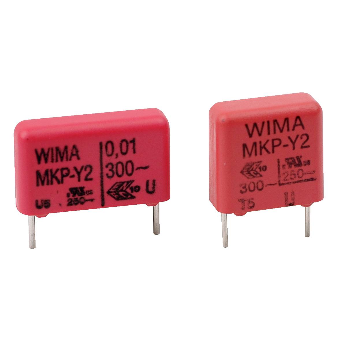 Zwei WIMA MKP-Y2 Kondensatoren, rot mit je zwei Metallanschlüssen, zeigen technische Spezifikationen, darunter Bewertungen von '300V' und '250V'.