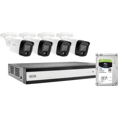 Vier Sicherheitskameras, ein DVR-Gerät und eine 1-TB-Festplatte sind abgebildet. Die Einrichtung ist für Videoüberwachung und Speicherung vorgesehen.