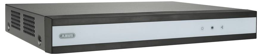 Ein schwarzes und graues elektronisches Gerät mit der Beschriftung "ABUS", das mehrere Anschlüsse und Lichter auf dem Frontpanel aufweist, höchstwahrscheinlich ein Netzwerkrekorder.