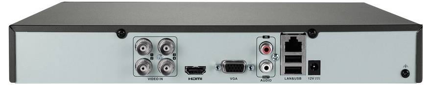 Rückseite eines elektronischen Geräts mit verschiedenen Anschlüssen: vier Koaxial-, HDMI-, VGA-, Audio-, LAN-, USB- und Stromanschlüsse für Konnektivität.