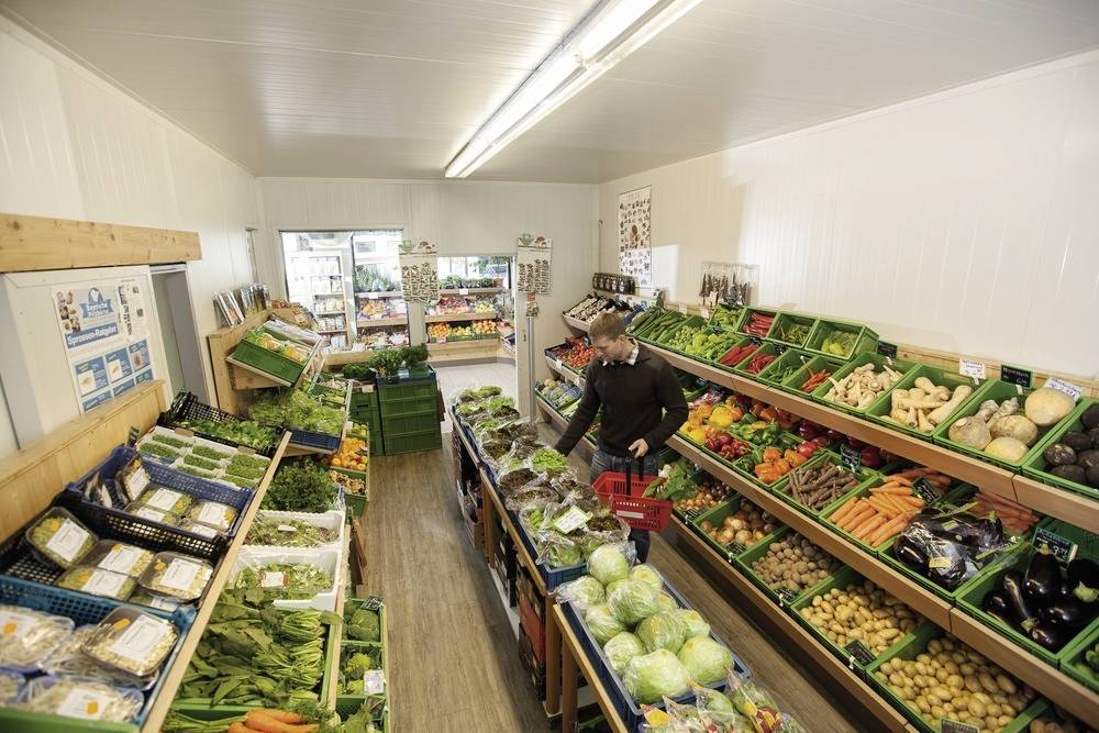 Eine Person kauft in einem kleinen Lebensmittelgeschäft ein, das mit frischen Produkten gefüllt ist, darunter Salat, Karotten und eine Vielzahl von Gemüse und Obst.