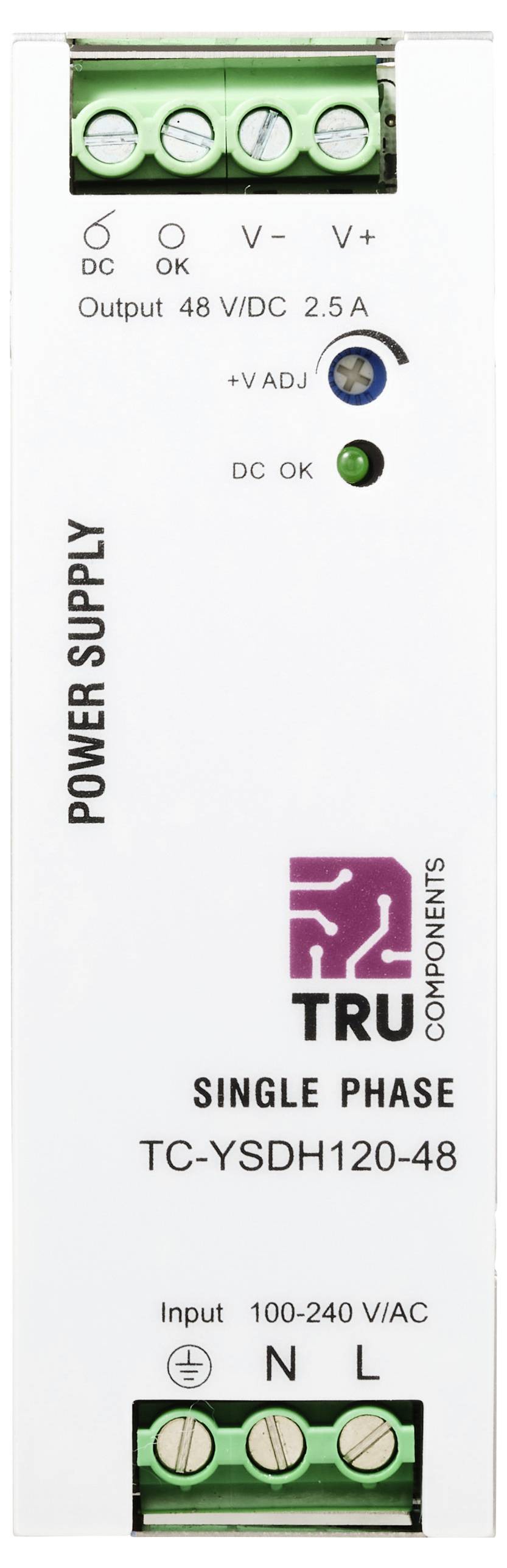 Einphasiges Netzteil von „TRU Components", Modell TC-YSDH120-48, mit 48V DC 2,5A Ausgang und 100-240V AC Eingang.