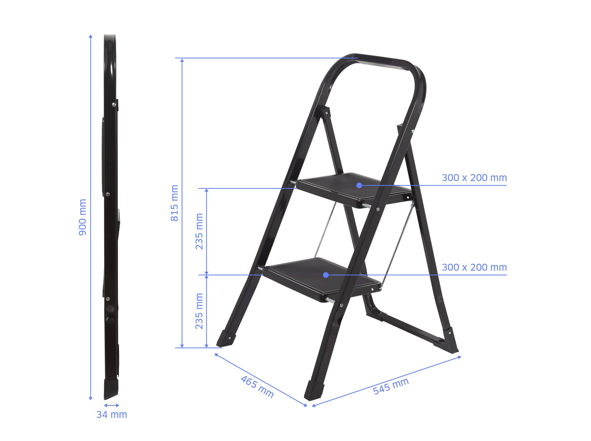 Eine schwarze Zwei-Stufen-Leiter mit Abmessungen: Höhe 900 mm, Breite 545 mm, Stufengröße 300 mm x 200 mm und zusammengelegte Breite 34 mm. Geeignet für den Innenbereich.
