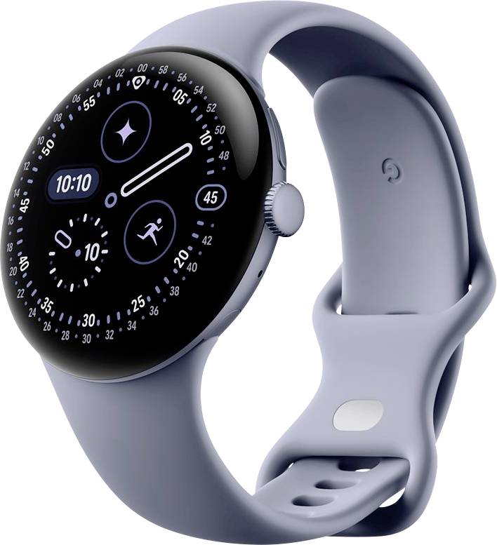 Eine elegante digitale Smartwatch mit rundem Display und einem Armband aus lavendelfarbenem Silikon, die Uhrzeit, Fitness-Metriken und Aktivitätssymbole auf dem Bildschirm anzeigt.