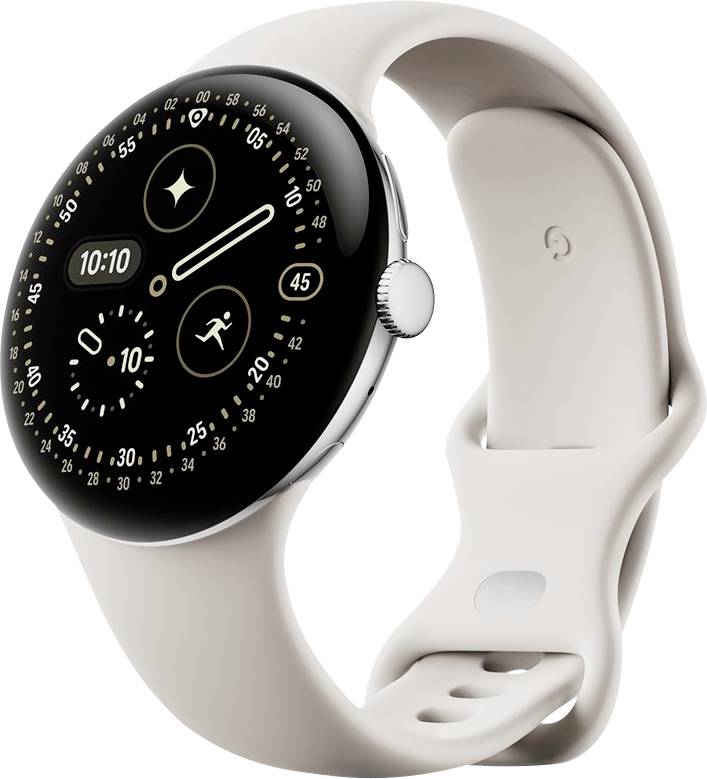 Eine elegante Smartwatch mit rundem Display zeigt Zeit, Datum und Fitness-Metriken an und verfügt über ein beiges Armband und eine digitale Benutzeroberfläche.