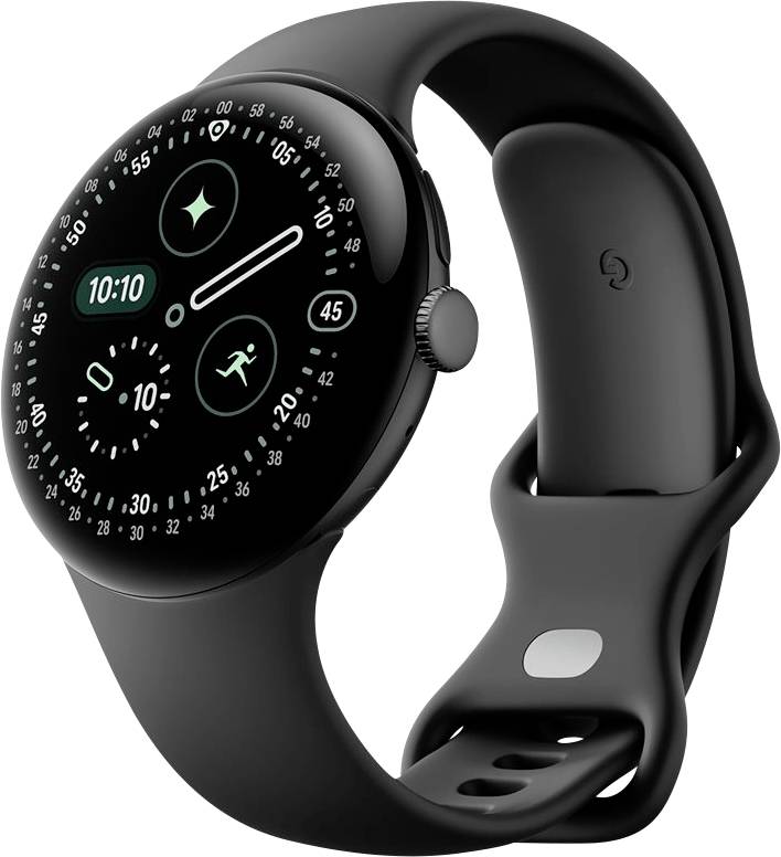 Eine schlanke schwarze Smartwatch, die die Zeit '10:10' anzeigt, mit zusätzlichen kreisförmigen digitalen Anzeigen für Schritte, Herzfrequenz und Datum.