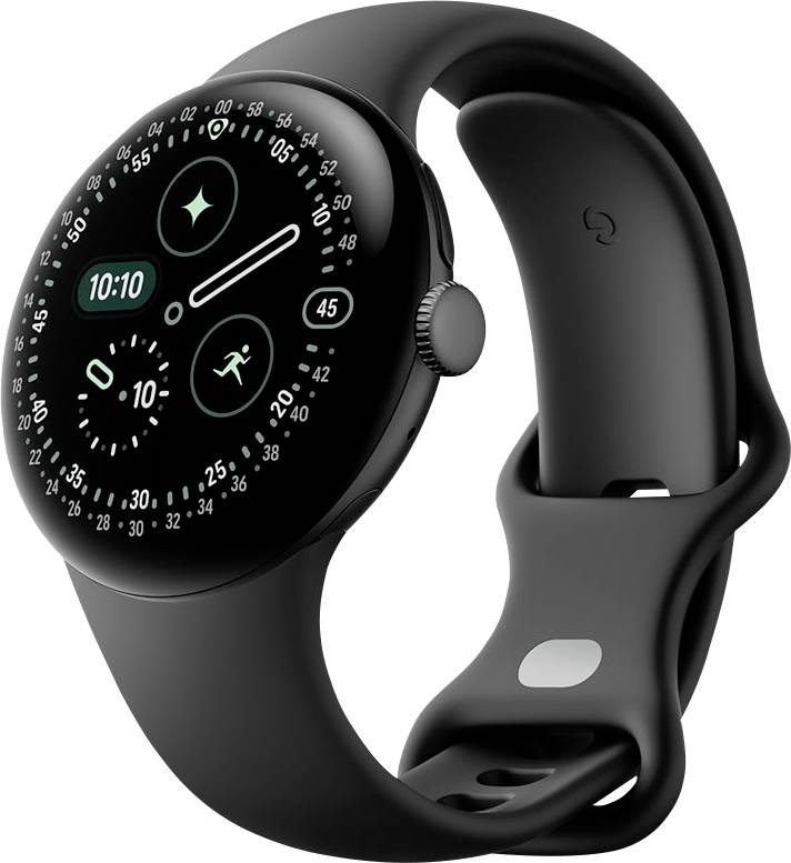 Eine schwarze Smartwatch, die die Uhrzeit '10:10' auf einer runden, digitalen Oberfläche mit mehreren kleineren Zifferblättern für verschiedene Metriken anzeigt.