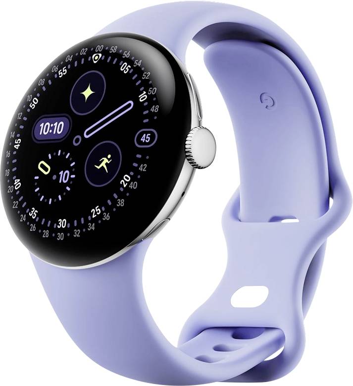 Eine schlanke Smartwatch mit einem runden schwarzen Display, das die Uhrzeit, Aktivitätssymbole und Gesundheitsmetriken anzeigt. Sie hat ein hellviolettes Silikonarmband.