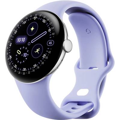 Eine schlanke Smartwatch mit einem runden schwarzen Display, das die Uhrzeit, Aktivitätssymbole und Gesundheitsmetriken anzeigt. Sie hat ein hellviolettes Silikonarmband.