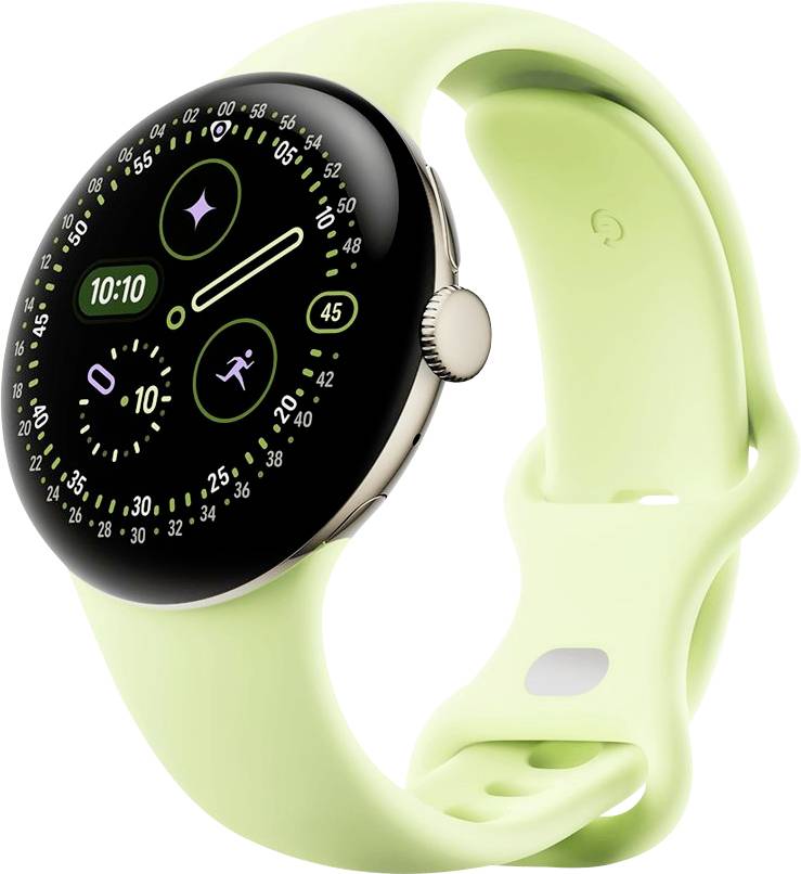Eine runde Smartwatch mit einem grünen Band zeigt ein digitales Zifferblatt, auf dem die Zeit 10:10 Uhr, das Datum, Fitnessziele und Aktivitätssymbole zu sehen sind.