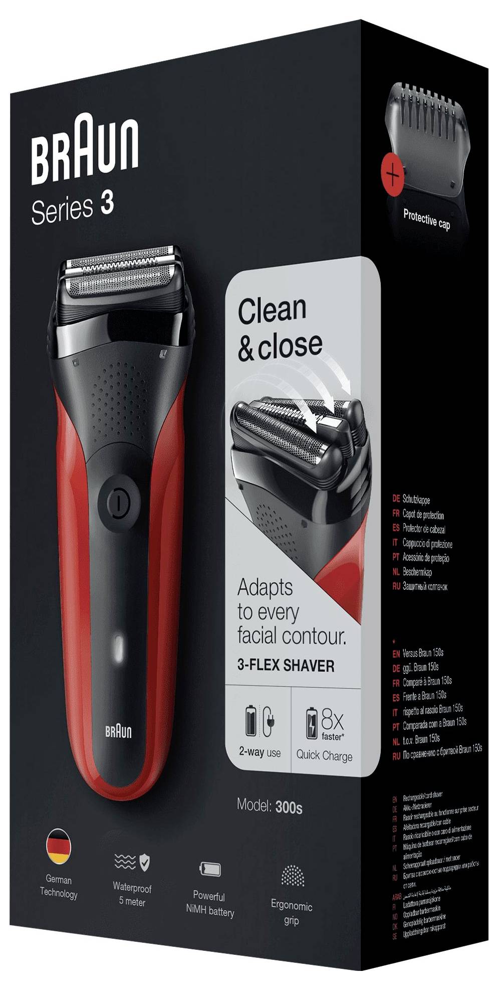 Braun Series 3 Modell 300s elektrischer Rasierer<br><br>Funktionen umfassen:<br>- 'Clean & Close'<br>- 'Passt sich jeder Gesichtskontur an'<br>- '3-FLEX RASIERER'