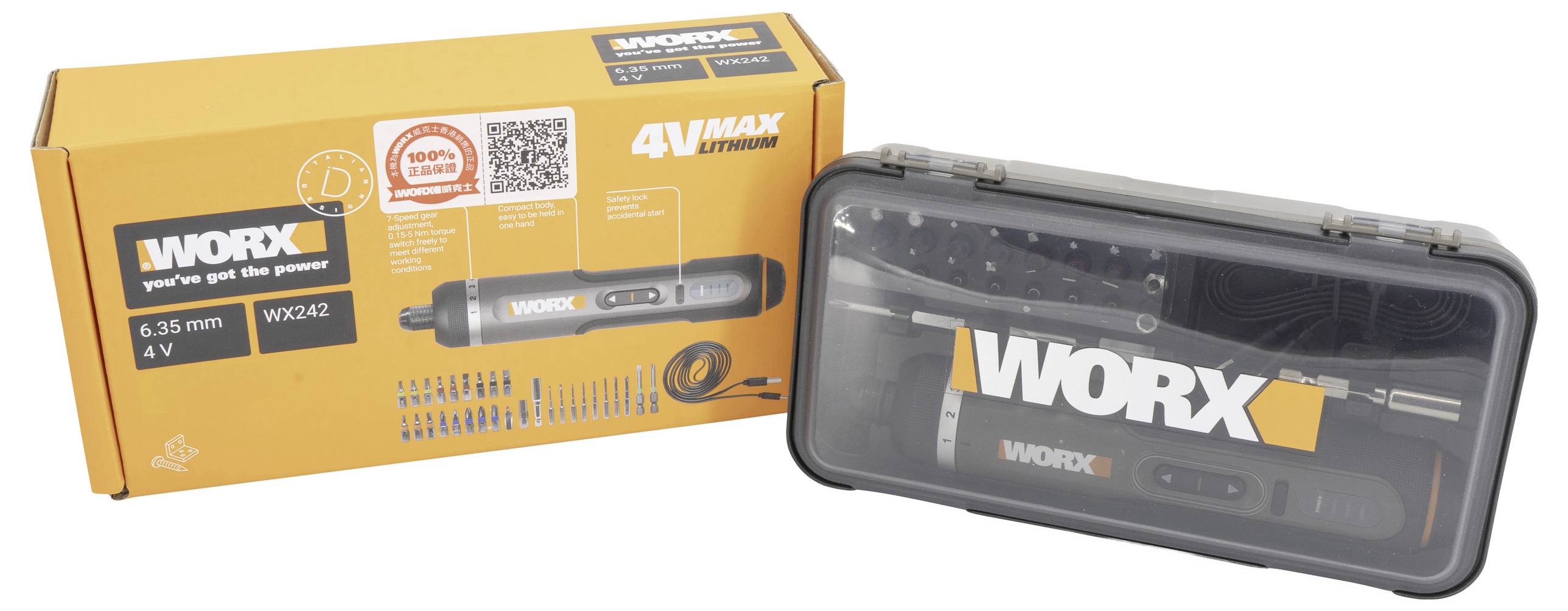 WORX WX240 4V Max Lithium Akku-Elektroschrauber im Koffer und in der Originalverpackung, mit mehreren Bits. Orange-schwarzes Design.