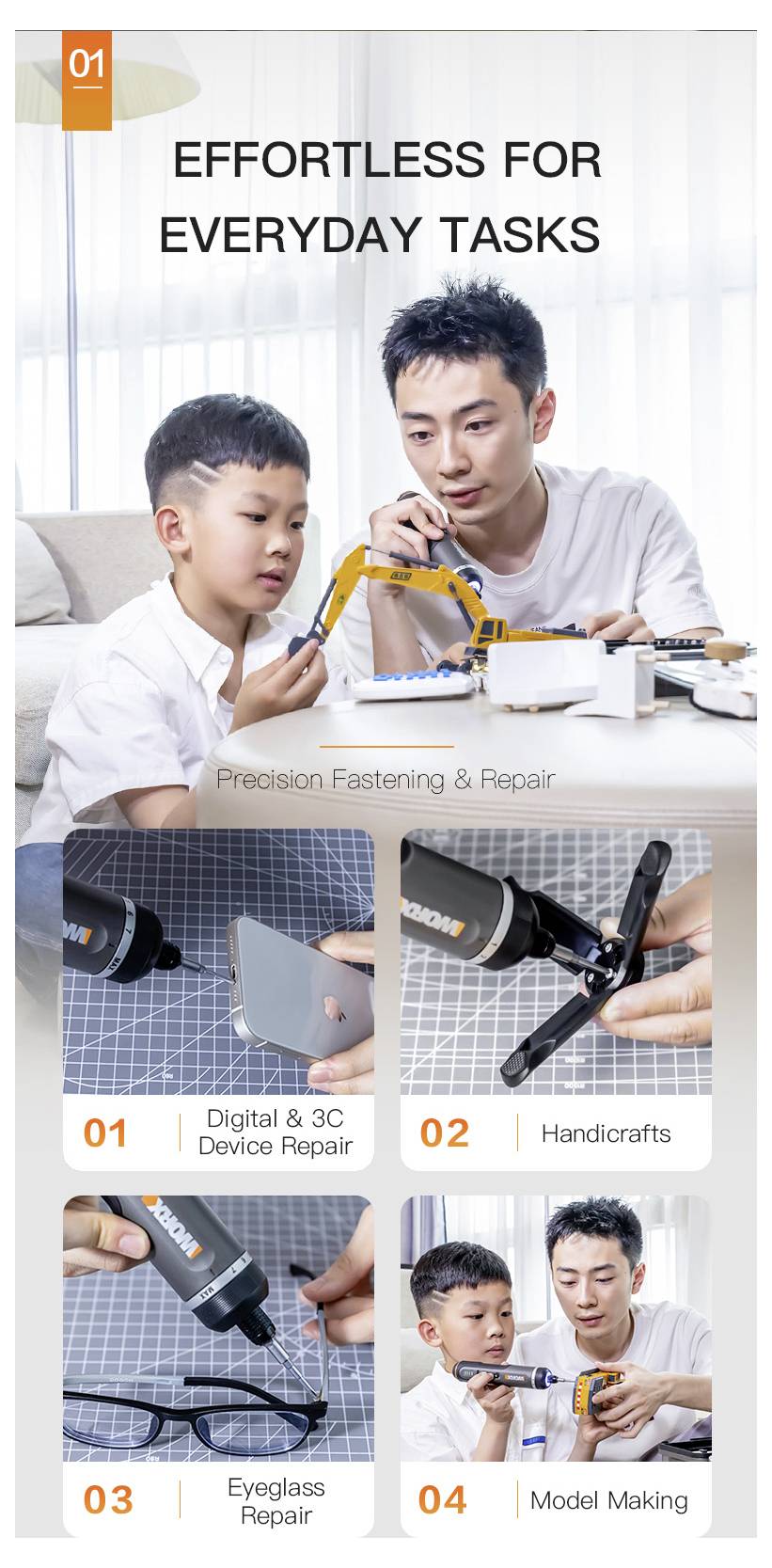 Ein Vater und Sohn bauen ein Modell zusammen; hervorgehobene Aktivitäten umfassen die Reparatur von digitalen Geräten, Handwerk, Brillenreparatur und Modellbau.