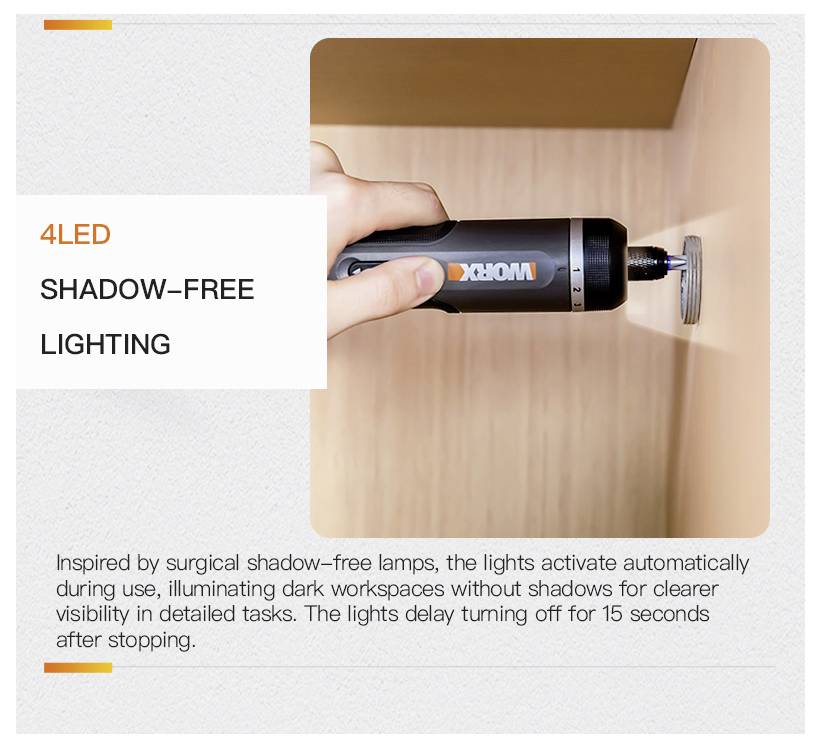 Eine Hand, die ein Werkzeug mit der Aufschrift „4LED SHADOW-FREE LIGHTING" hält. Das Werkzeug beleuchtet eine dunkle Ecke und ist für präzise, schattenfreie Sichtbarkeit konzipiert.