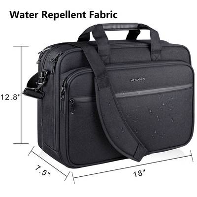 Eine schwarze Laptoptasche aus wasserabweisenden Stoff ist zu sehen, auf der Wassertropfen zu erkennen sind. Die Abmessungen betragen 18 x 7,5 x 12,8 Zoll, mit mehreren Fächern.