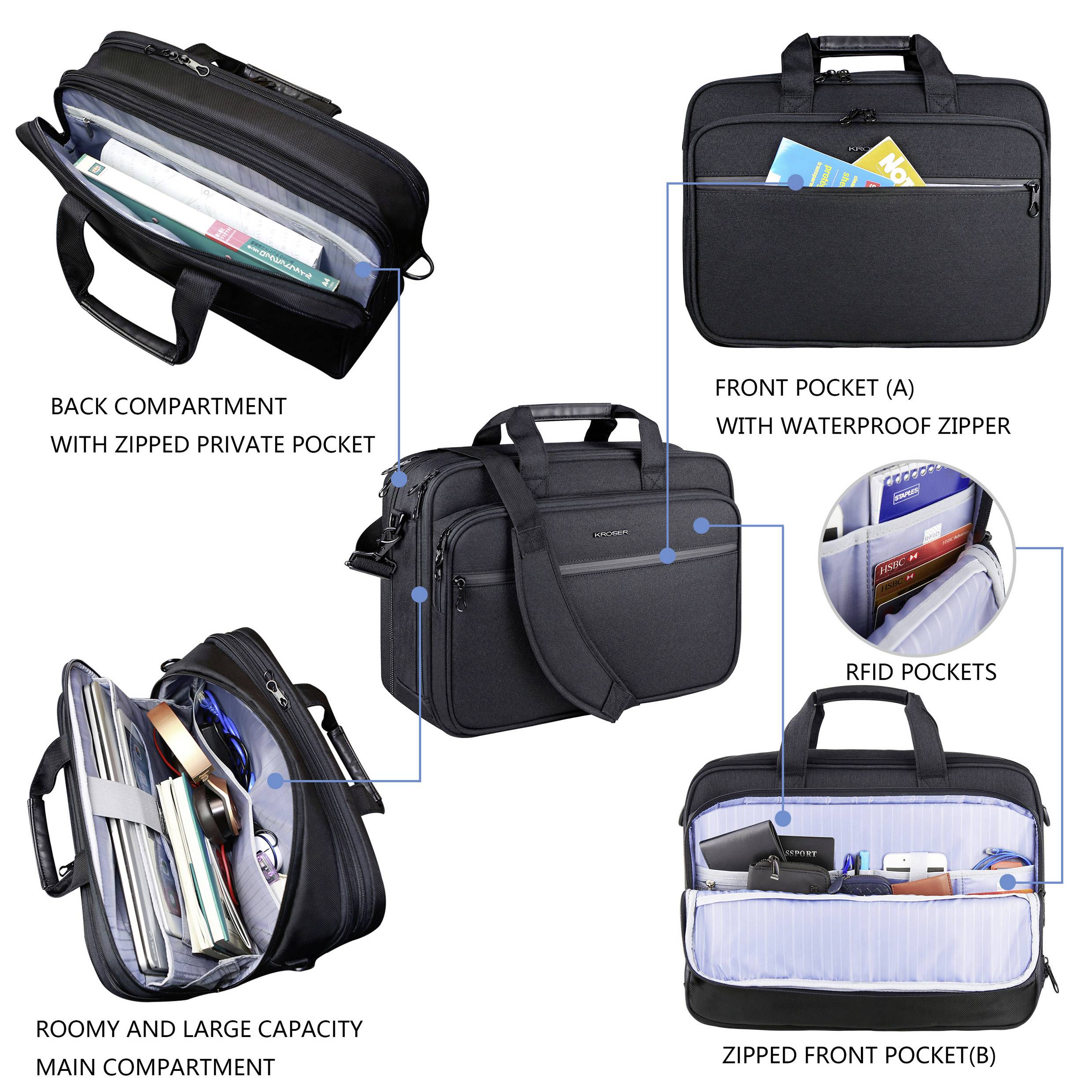 Laptop-Tasche Eigenschaften: Rückenfach für Geräte, Vordertasche mit wasserdichtem Reißverschluss, RFID-Taschen und großes Hauptfach.