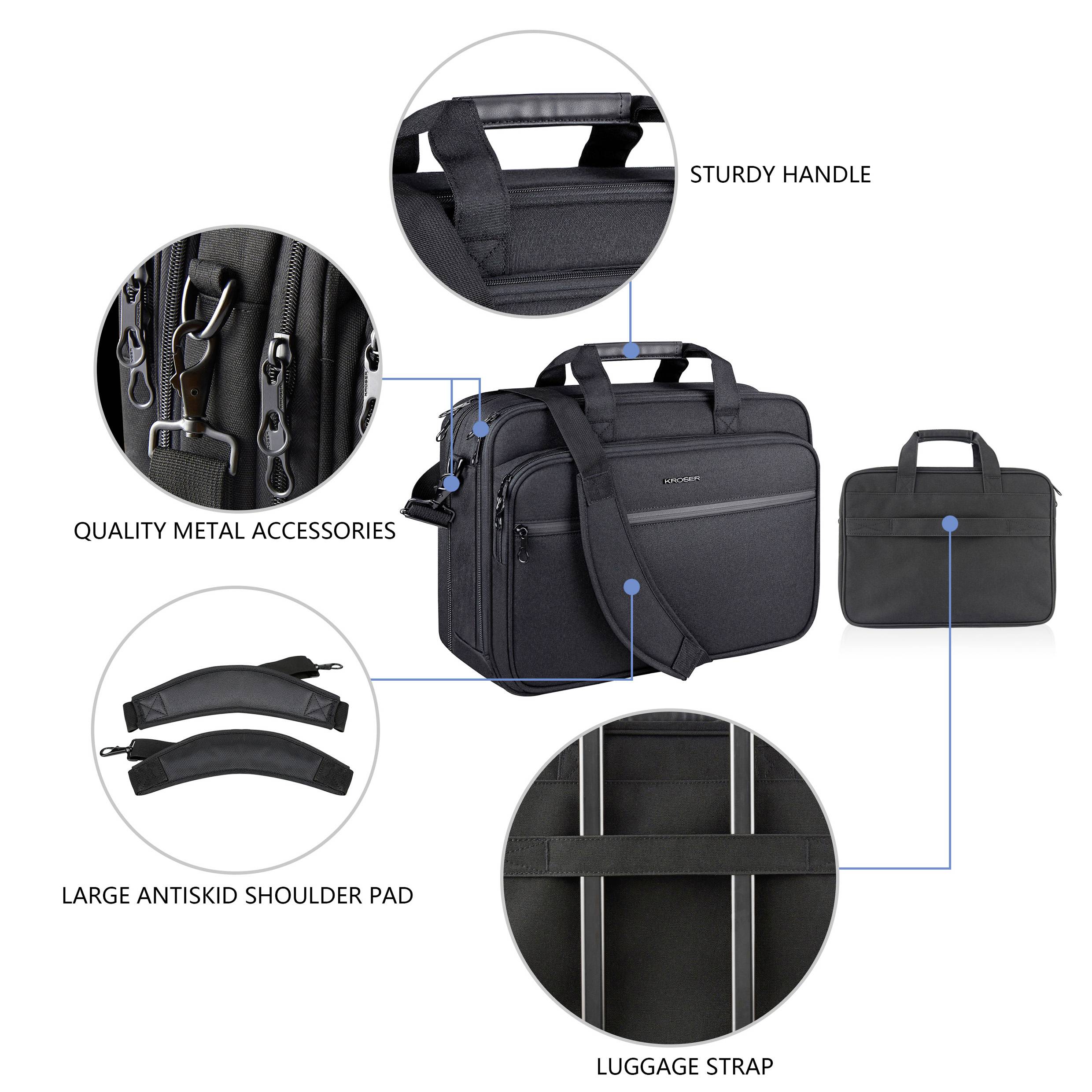 Das Bild zeigt eine schwarze Laptoptasche mit beschrifteten Merkmalen: ‚robuster Griff', ‚hochwertige Metallbeschläge', ‚große rutschfeste Schulterpolsterung' und ‚Gepäckbefestigungsriemen'.