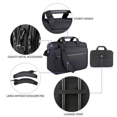 Das Bild zeigt eine schwarze Laptoptasche mit beschrifteten Merkmalen: ‚robuster Griff', ‚hochwertige Metallbeschläge', ‚große rutschfeste Schulterpolsterung' und ‚Gepäckbefestigungsriemen'.