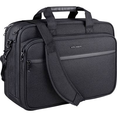 Schwarze Laptoptasche mit mehreren Fächern und einem Schultergurt, konzipiert zum Transport von elektronischen Geräten und Zubehör.