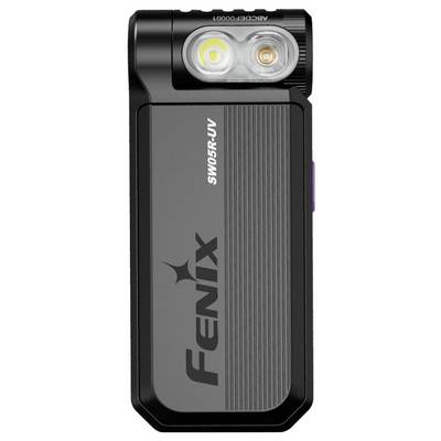 Taschenlampe mit Doppellichtfunktion, gekennzeichnet als 'SW05R-UV' und 'Fenix'. Sie verfügt über ein primäres Licht und ein UV-Licht in einem kompakten Design.
