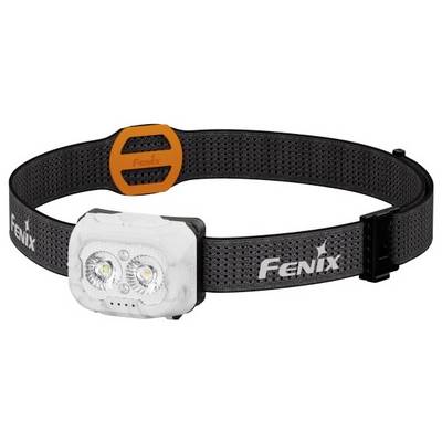 Eine Stirnlampe mit zwei LED-Leuchten auf einem verstellbaren schwarzen Gurt, die das 'Fenix' Logo trägt. Entwickelt für beleuchtungsfreie Handbewegungen.