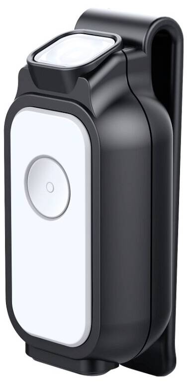 Eine kompakte, schwarz-weiße tragbare Kamera mit einem Objektiv und einer einzigen Taste auf der Vorderseite, die für mobile Nutzung konzipiert ist.