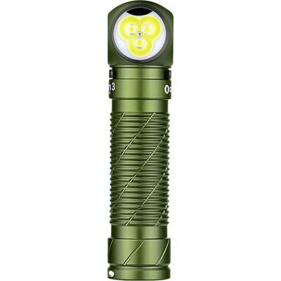 Eine grüne, kompakte Taschenlampe mit strukturiertem Griff und drei hellen LED-Leuchten, die sichtbar sind.