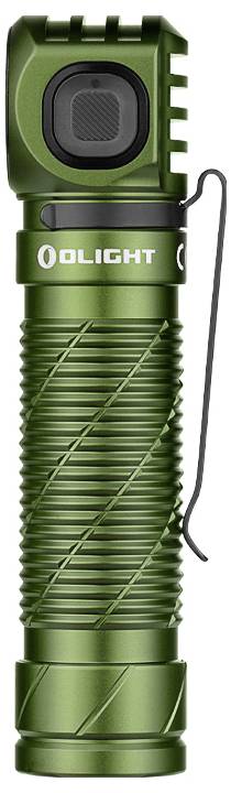 Eine grüne LED-Taschenlampe mit strukturiertem Griff, seitlichem Schalter und Gürtelclip.