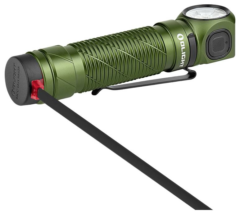 Eine grüne Taschenlampe mit strukturiertem Griff und einer seitlichen Klammer. Der Markenname ist nahe der Linse sichtbar.
