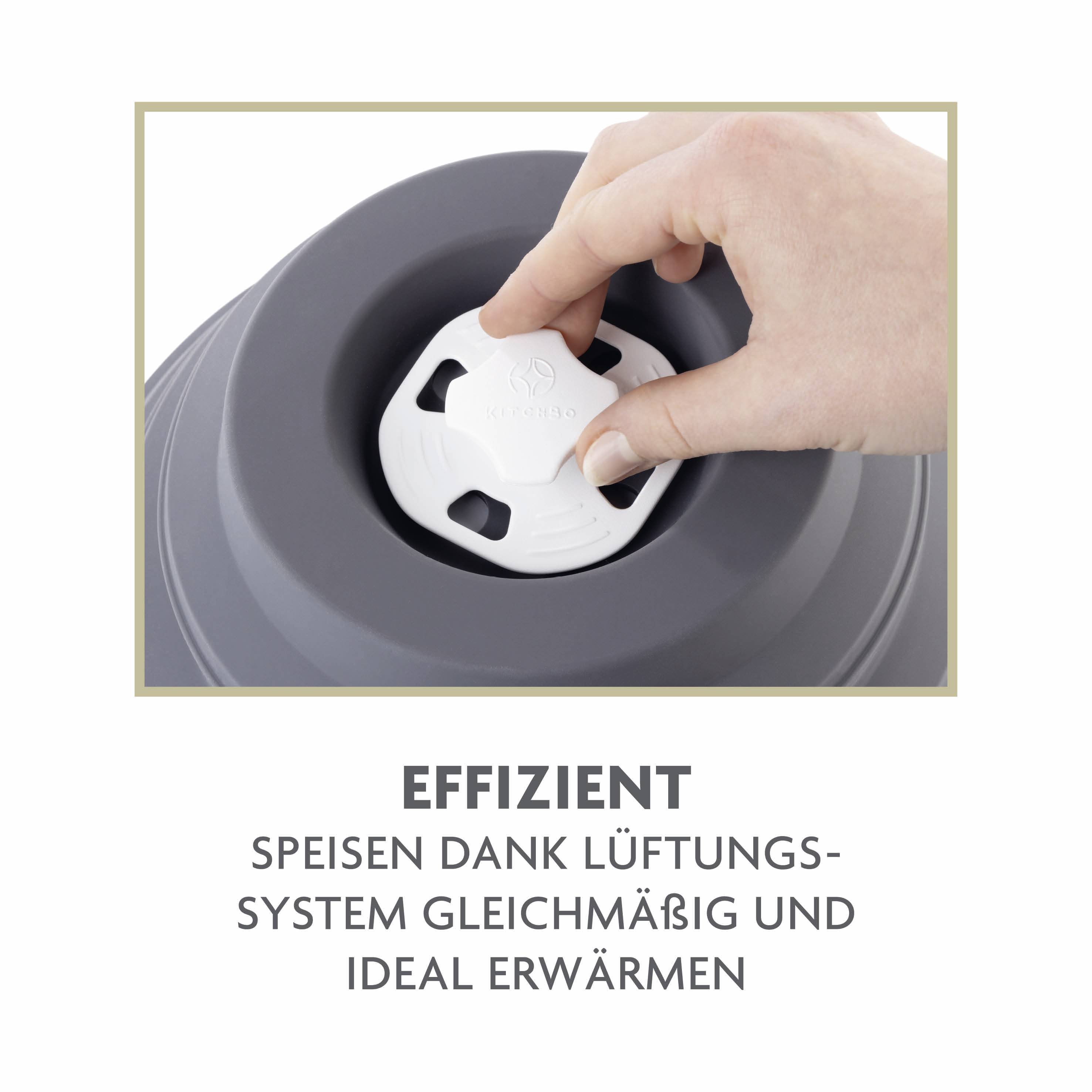 Eine Hand öffnet das Belüftungssystem eines runden Behälters. Text: 'Effizient Speisen dank Lüftungssystem gleichmäßig und ideal erwärmen'.