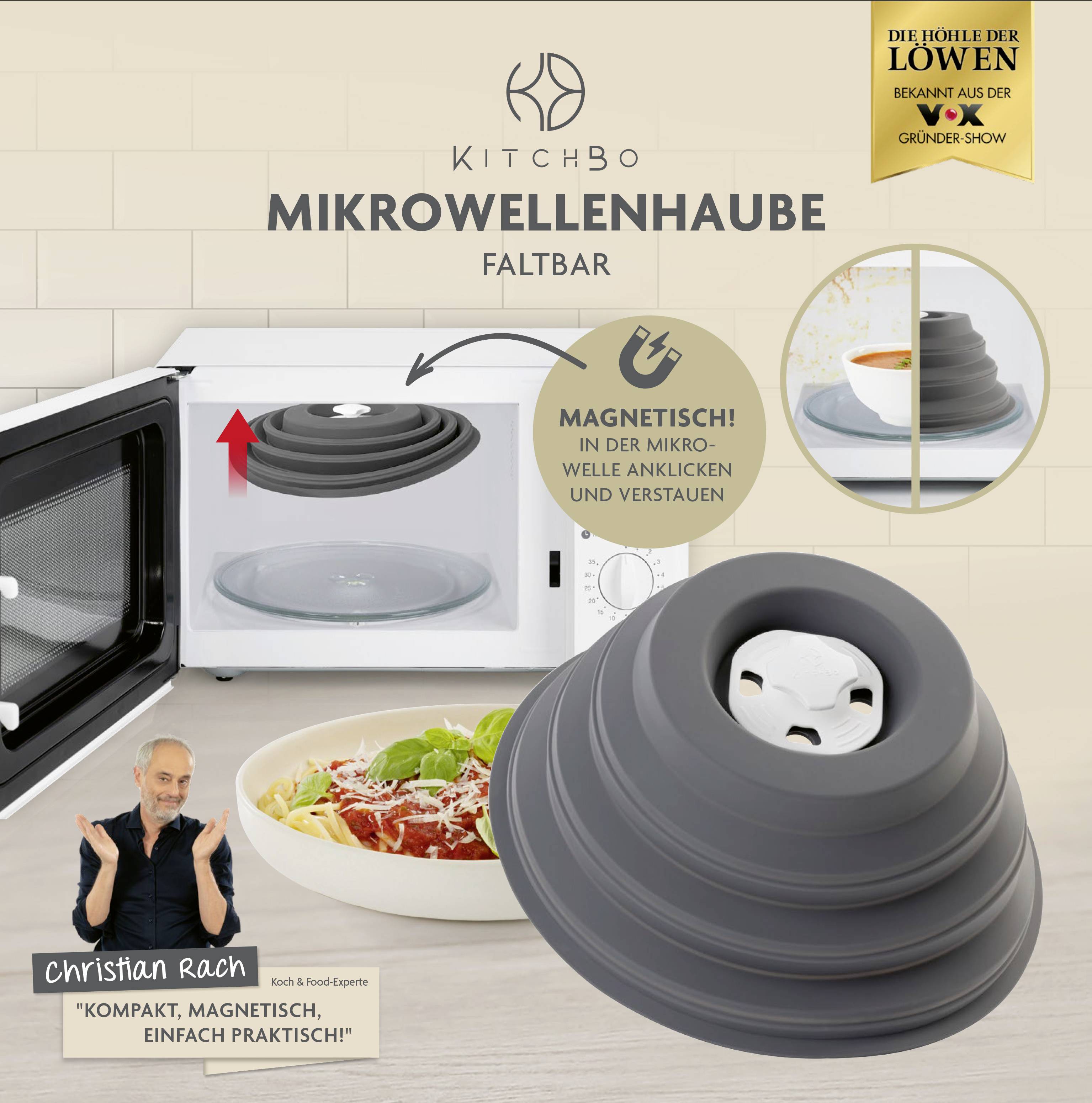 Mikrowellenhaube, faltbar und magnetisch, über einer Schüssel in einer geöffneten Mikrowelle. Bequemes Verstauen durch Faltbarkeit.