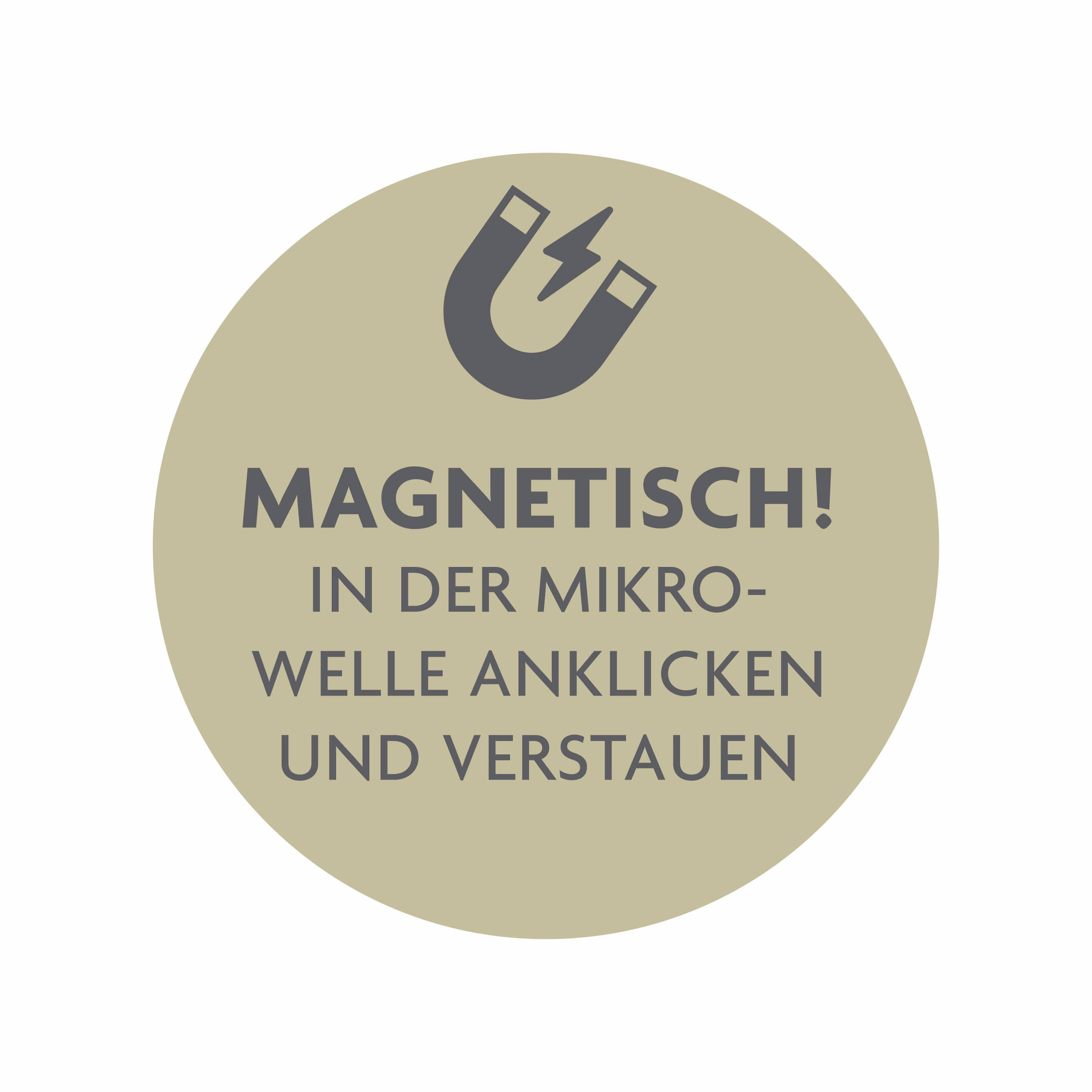'MAGNETISCH! IN DER MIKROWELLE ANKLICKEN UND VERSTAUEN.' Symbol eines Hufeisenmagneten auf einem beige Hintergrund.