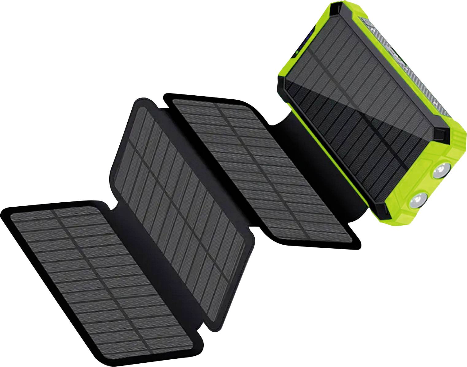 Ein faltbares grünes Solarladegerät mit drei ausgeklappten schwarzen Solarzellen, entwickelt für mobile Aufladung.