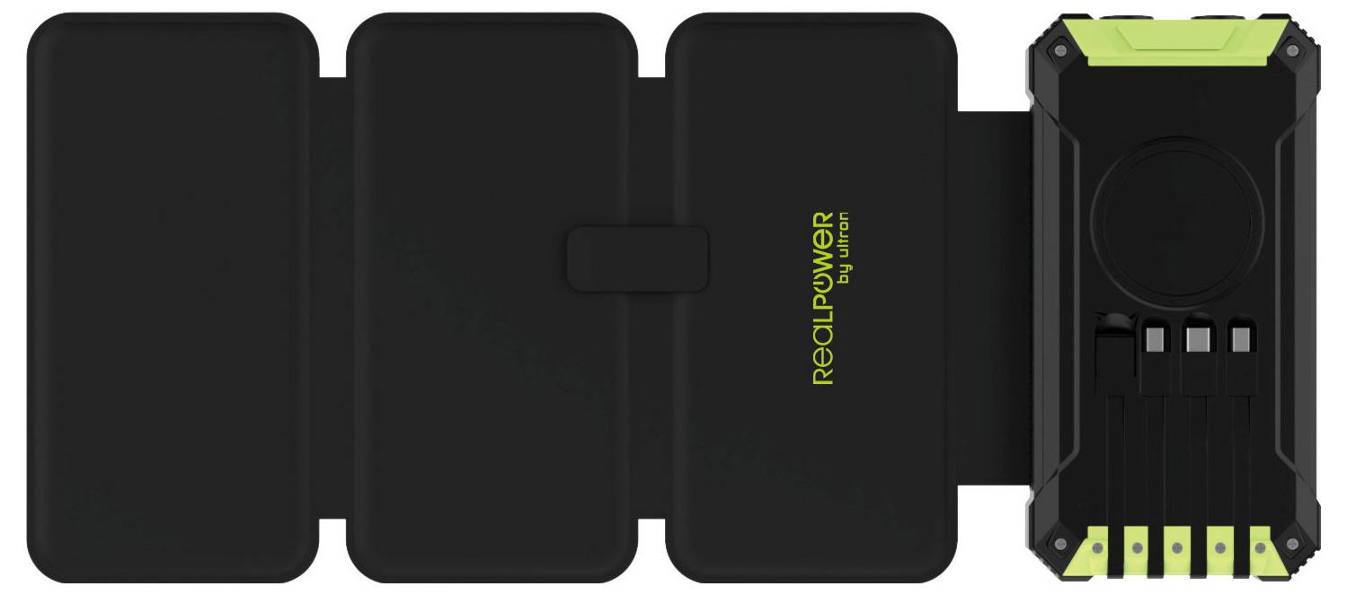 Ein faltbares schwarzes und grünes tragbares Solarladegerät mit vier geöffneten Panels und USB-Anschlüssen rechts, beschriftet mit 'RealPower by Volt'.