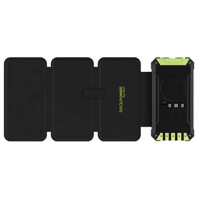 Ein faltbares schwarzes und grünes tragbares Solarladegerät mit vier geöffneten Panels und USB-Anschlüssen rechts, beschriftet mit 'RealPower by Volt'.