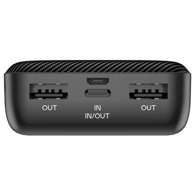Ein schwarzes Ladegerät mit zwei USB-Ausgängen an den Seiten und einem zentralen Micro-USB-Eingang sowie einem USB-C-Eingang/-Ausgang.
