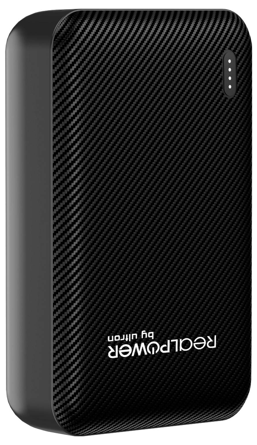 Eine schlanke, schwarze, rechteckige tragbare Powerbank mit der Aufschrift "RealPower by ultron" auf ihrer Oberfläche und vier LED-Anzeigenlichtern.