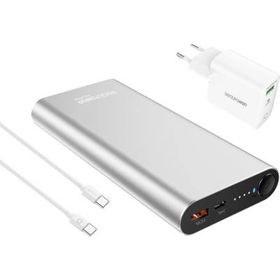 Ein silberner Powerbank mit LED-Anzeigen, USB- und Type-C-Anschlüssen und einem weißen Ladekabel. Ein separates Wandladegerät ist im Lieferumfang enthalten.