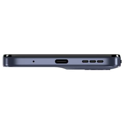 Seitenansicht eines blauen Smartphones mit Ladeanschluss, drei Schaltflächen-Designs und einem kleinen Mikrofon-Loch.