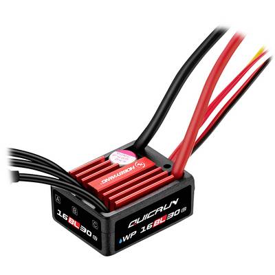 Ein Hobbywing Quicrun WP 16BL30 Regler für RC-Fahrzeuge mit einem roten Aluminium-Kühlkörper und mehreren Anschlusskabeln.