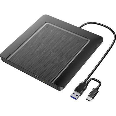 Eine schwarze externe Festplatte mit angeschlossenem USB-Kabel, mit einer gebürsteten Metalloberfläche.