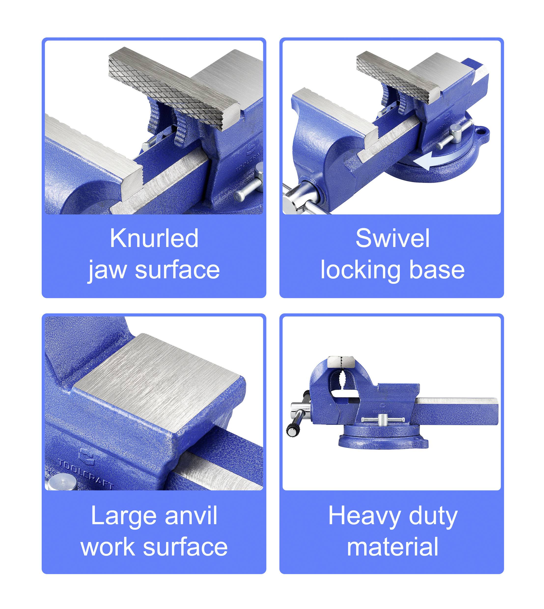 Das Bild präsentiert einen blauen Schraubstock mit vier Merkmalen: 'Gerändelte Backenoberfläche', 'Schwenkbare Arretierungsbasis', 'Große Amboss-Arbeitsfläche' und 'Robustes Material'.