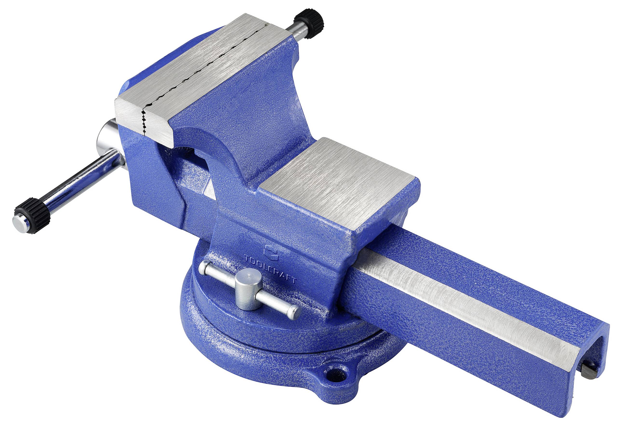 Eine blaue Metallschraubzwinge mit einer drehbaren Basis und einem silbernen Griff zum Festziehen oder Lockern des Griffs an Objekten.