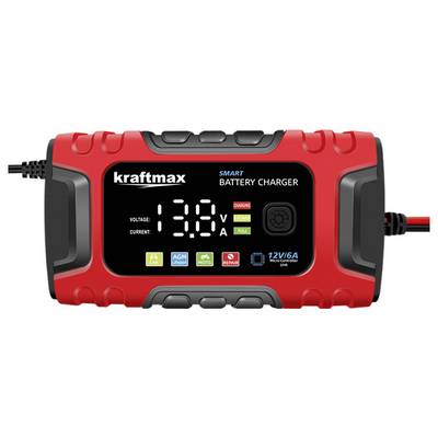 Roter und schwarzer 'kraftmax SMART LADEGERÄT', das eine Spannung von 13,8V anzeigt. Bedienelemente und Ladestatusanzeigen befinden sich an der Vorderseite.