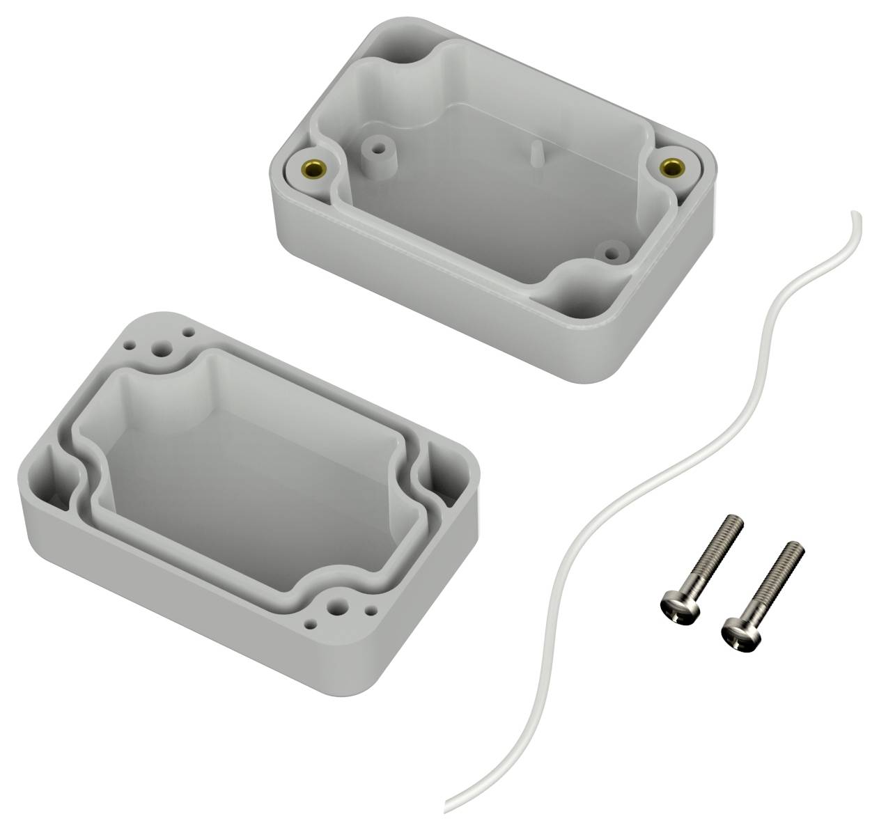 Elektrische Kunststoff-Gehäusebox mit Schrauben und Kabel.